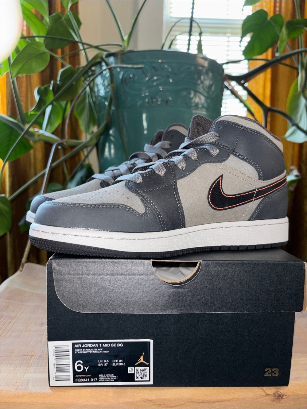 Nike Air Jordan 1 Mid SE - Gray with Black & Orange Stitching